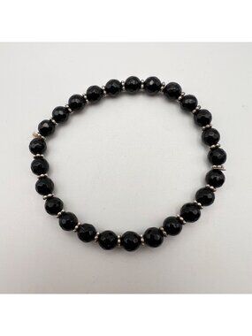 Faceted Black Onyx Bead Sterling Silver Stretch Bracelet YS 925 India 6mm 7.25"